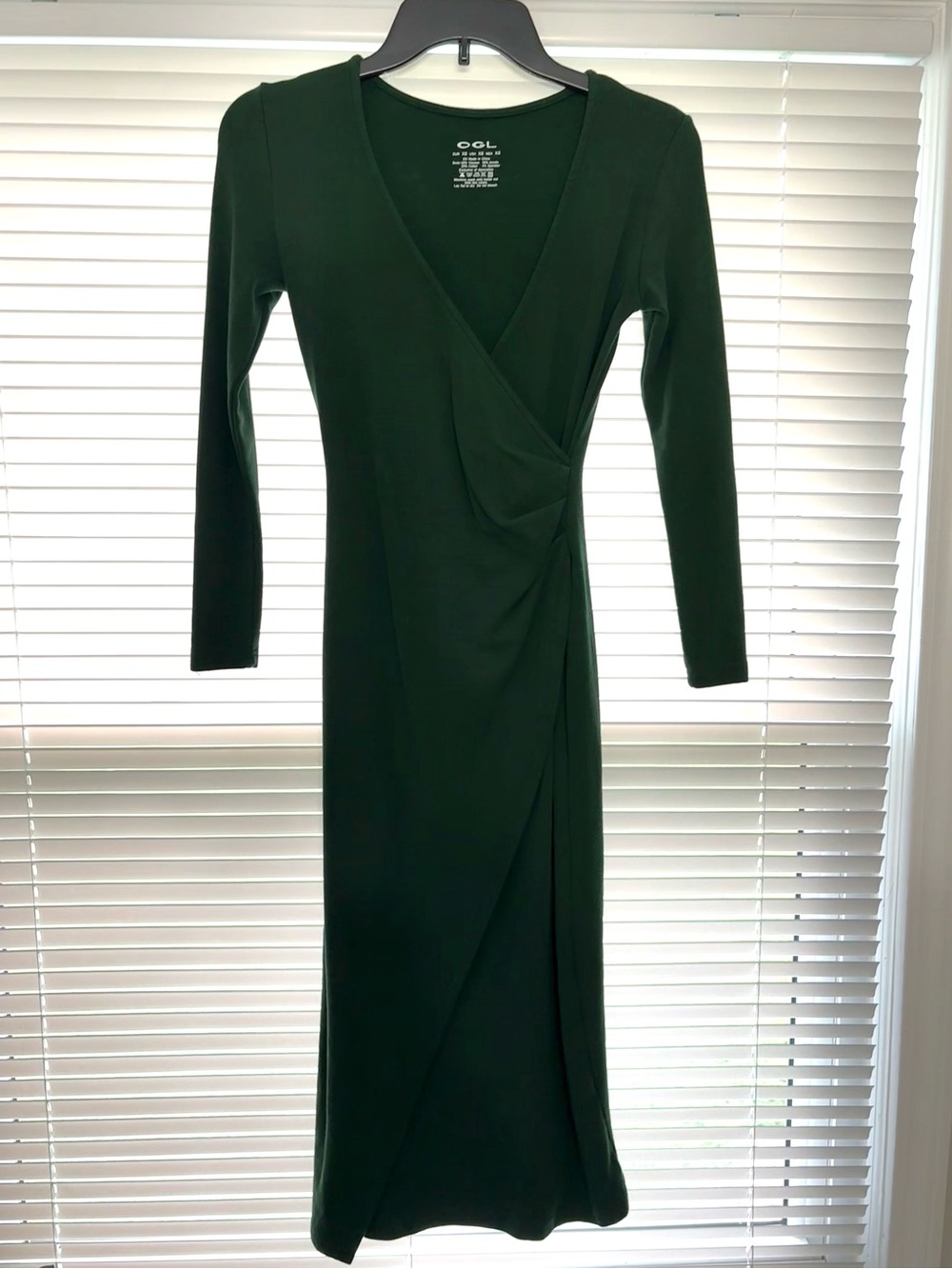 OGL Forest Green Long-Sleeve Wrap Midi Dress - Picture 2 of 4